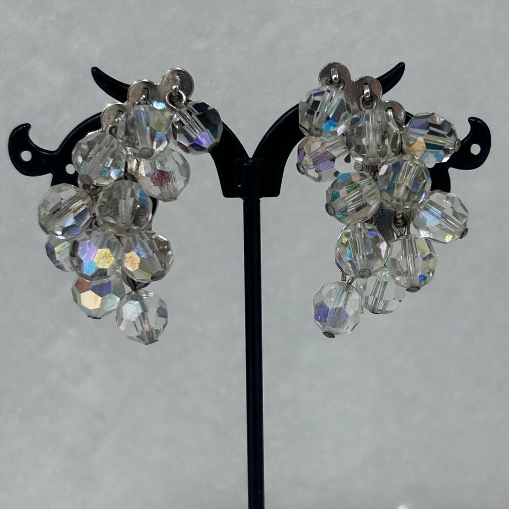 Vtg Judy Lee Clip-on Earrings Silver-tone Clear Clustered AB Beads Cha Cha Style